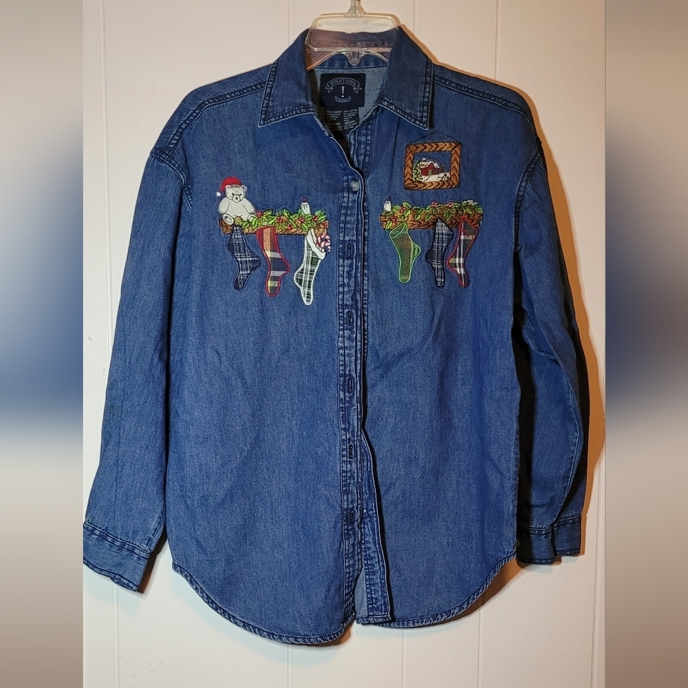 Denim button down Christmas stocking shirt. Women's medium